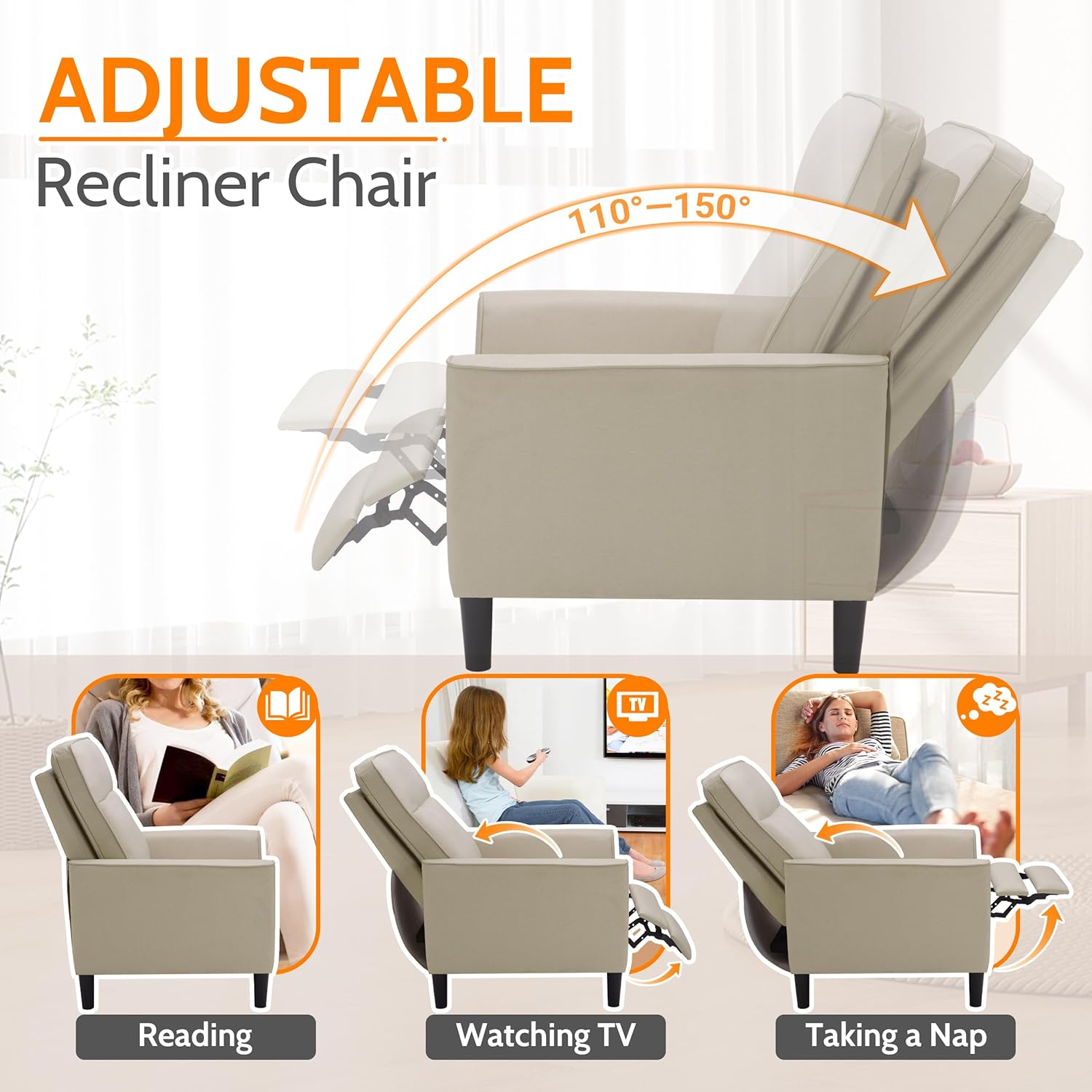 PrimeZone Silla reclinable de tela, sofá reclinable moderno de mediados de siglo, silla reclinable ergonómica ajustable con respaldo más grueso y