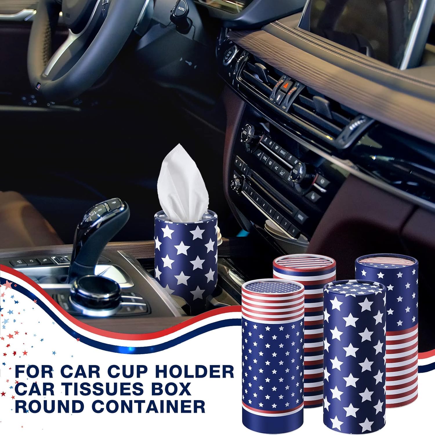 Outus 12 cajas cilíndricas de pañuelos de automóvil con tejido facial de 3 capas a granel con bandera estadounidense para pañuelos de automóvil,