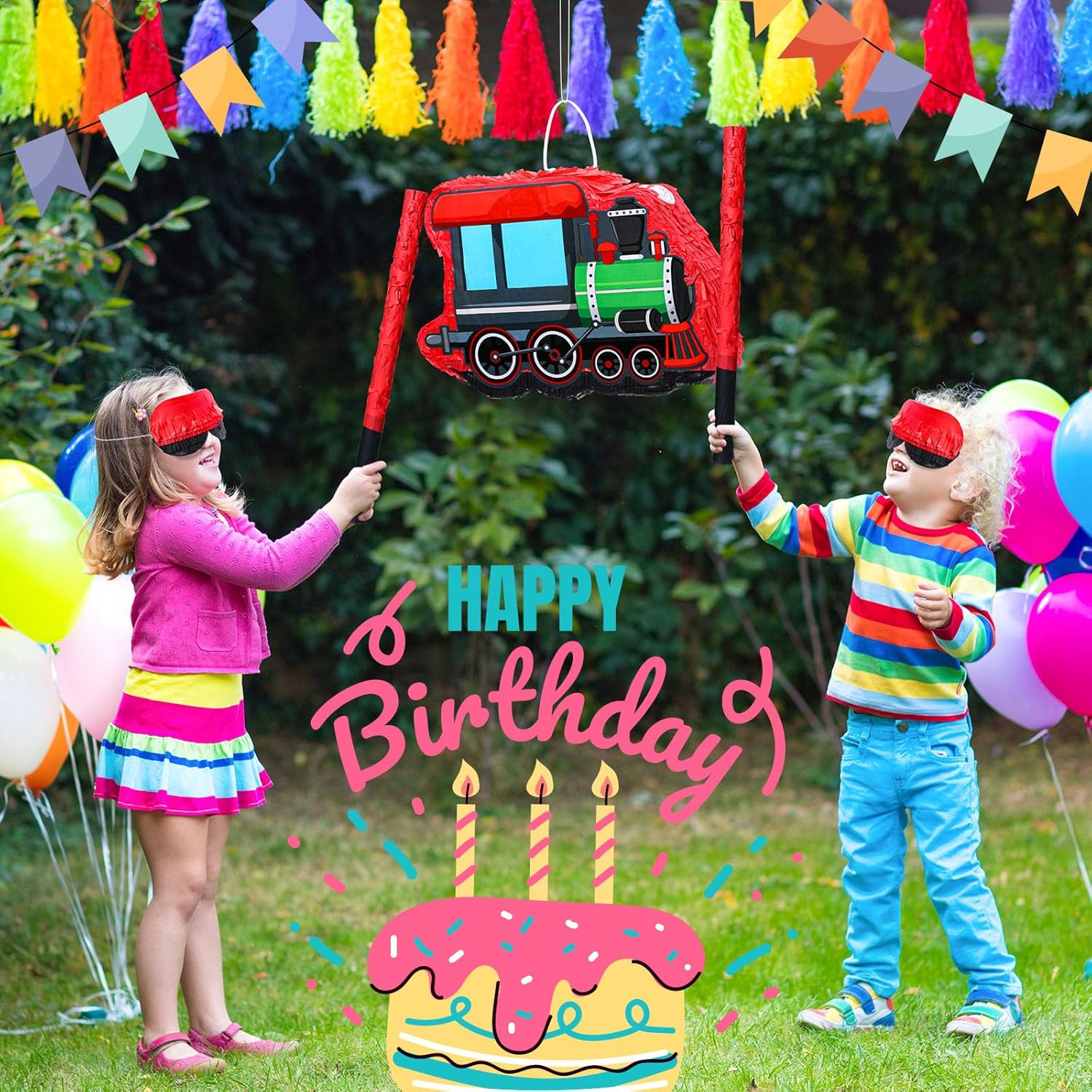 Jenaai Piñatas de tren pequeñas 3D para fiesta de cumpleaños con palo, vendas para los ojos, 16.1 x 11.4 x 3 pulgadas, confeti de tren pequeño,