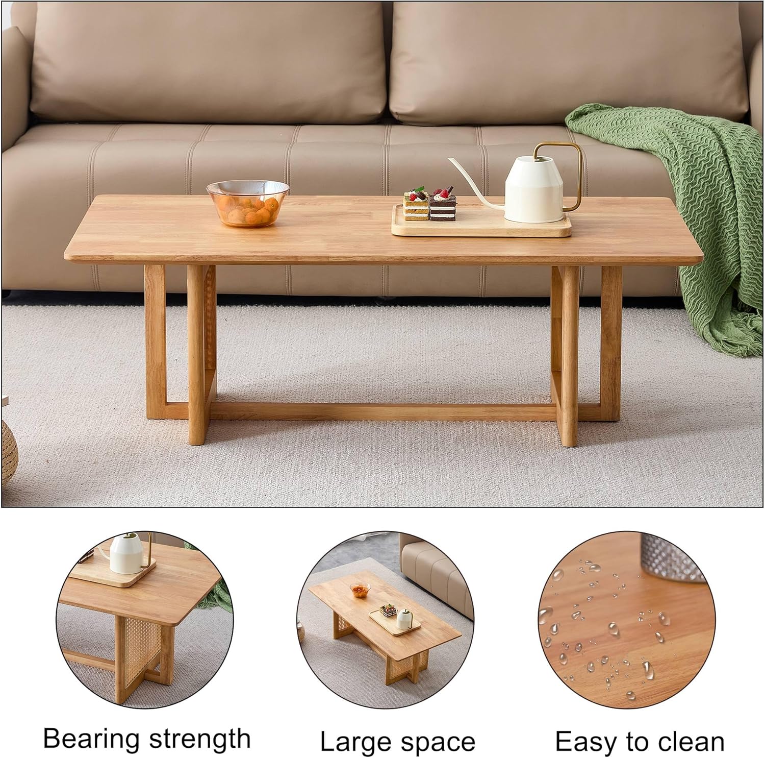 TesNus Mesa de centro de madera maciza para sala de estar, mesa auxiliar rectangular bohemia con parte superior de madera y patas inspiradas en