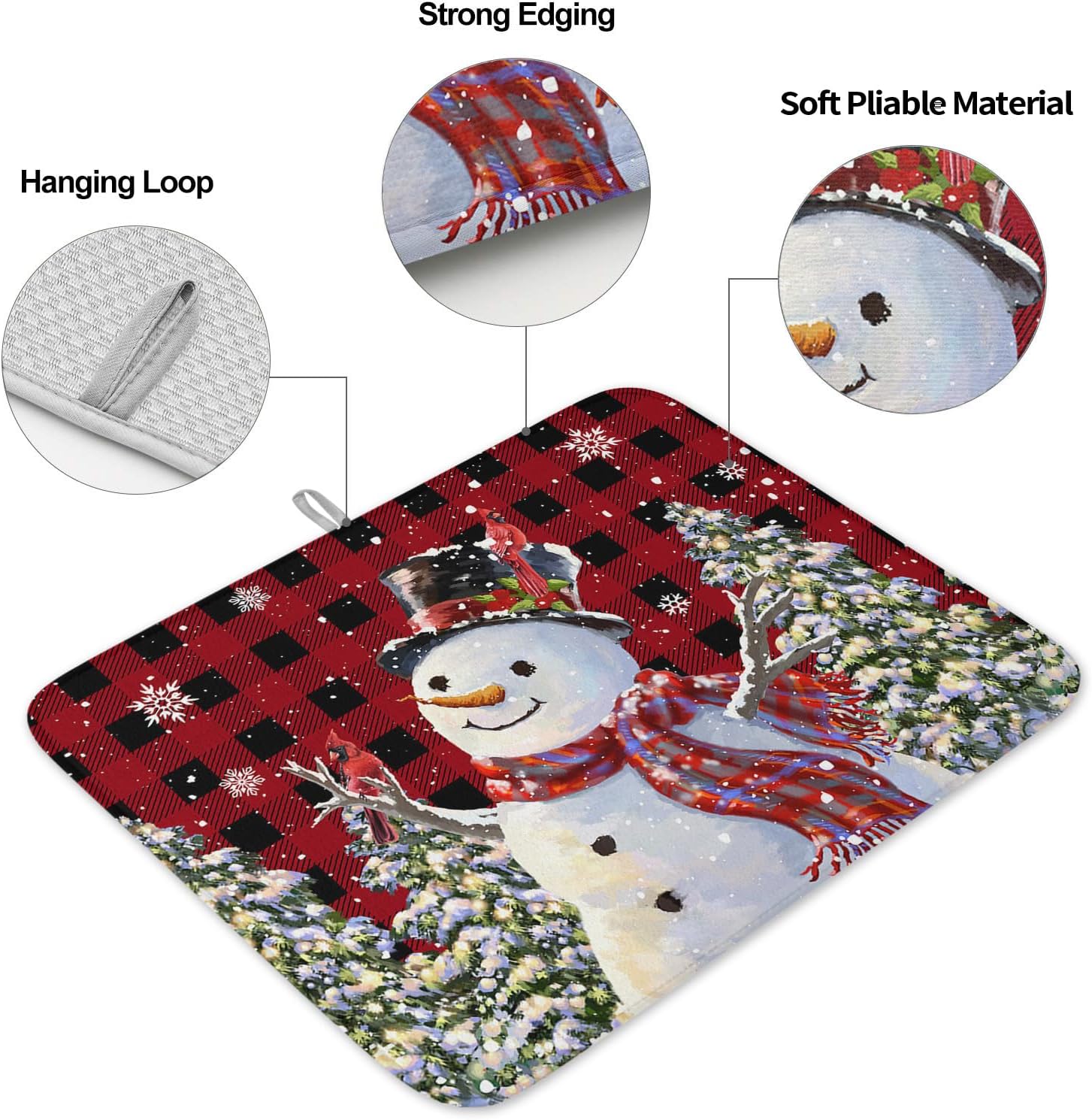 Tapete de secado de platos con diseño de árbol de Navidad, muñeco de nieve para encimera de cocina, tapete absorbente de microfibra de búfalo rojo,