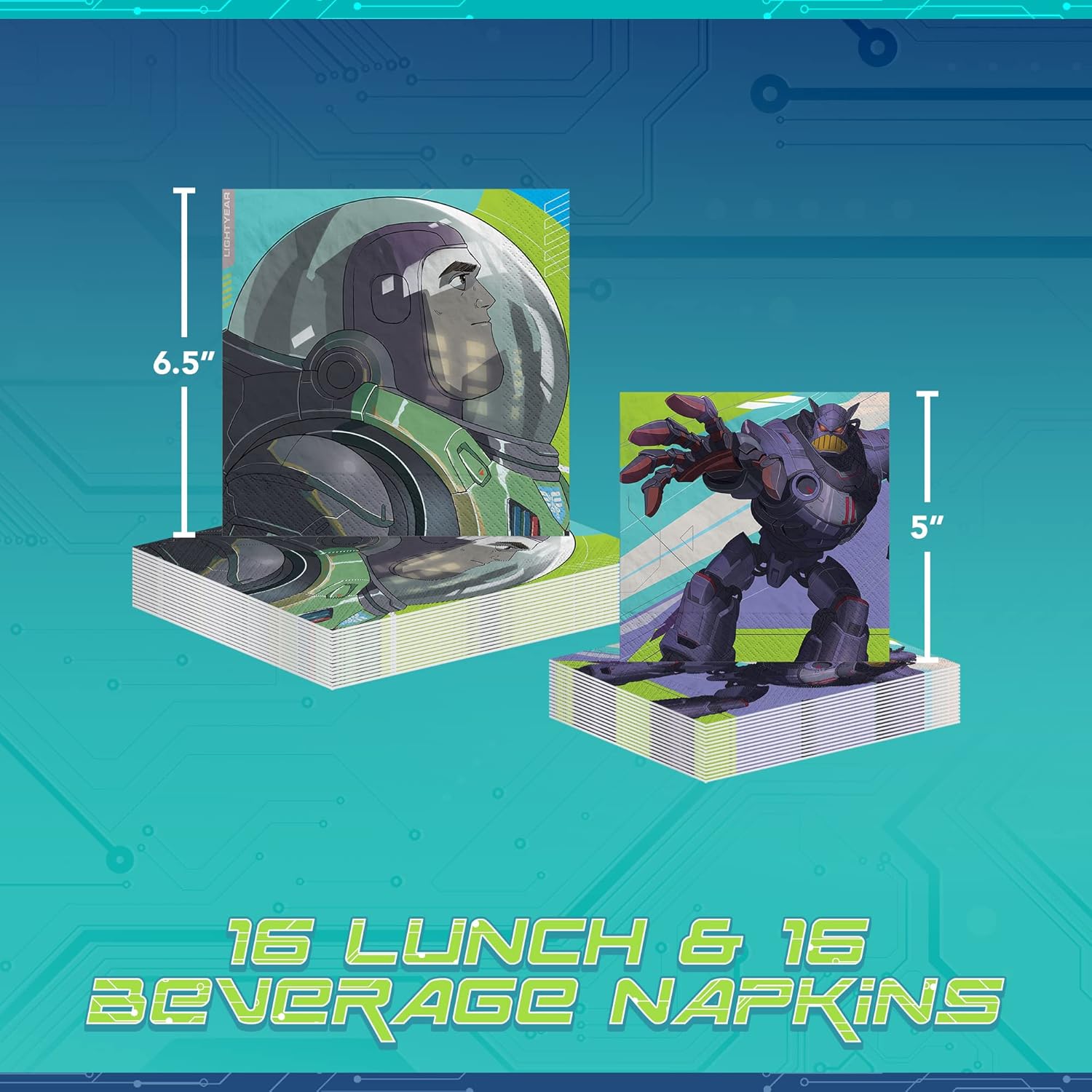 Amscan Buzz Lightyear – Paquete de vajilla para fiesta, 8 platos cuadrados para cena y postre, 16 servilletas de almuerzo y bebidas, juego de