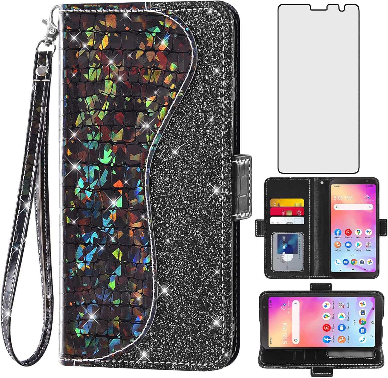 Asuwish Funda de teléfono para Alcatel TCL A3 A509DLA30 Funda tipo cartera con protector de pantalla y tarjetero abatible con purpurina para célula