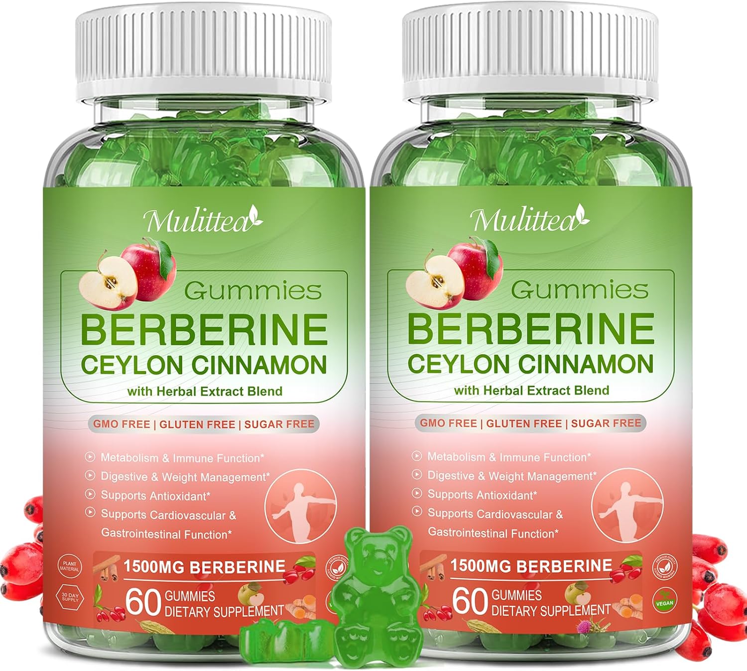 Berberina con gomitas de canela de Ceilán, 1500 mg de alta potencia más extractos de hierbas, 10 veces biodisponibilidad para el sistema