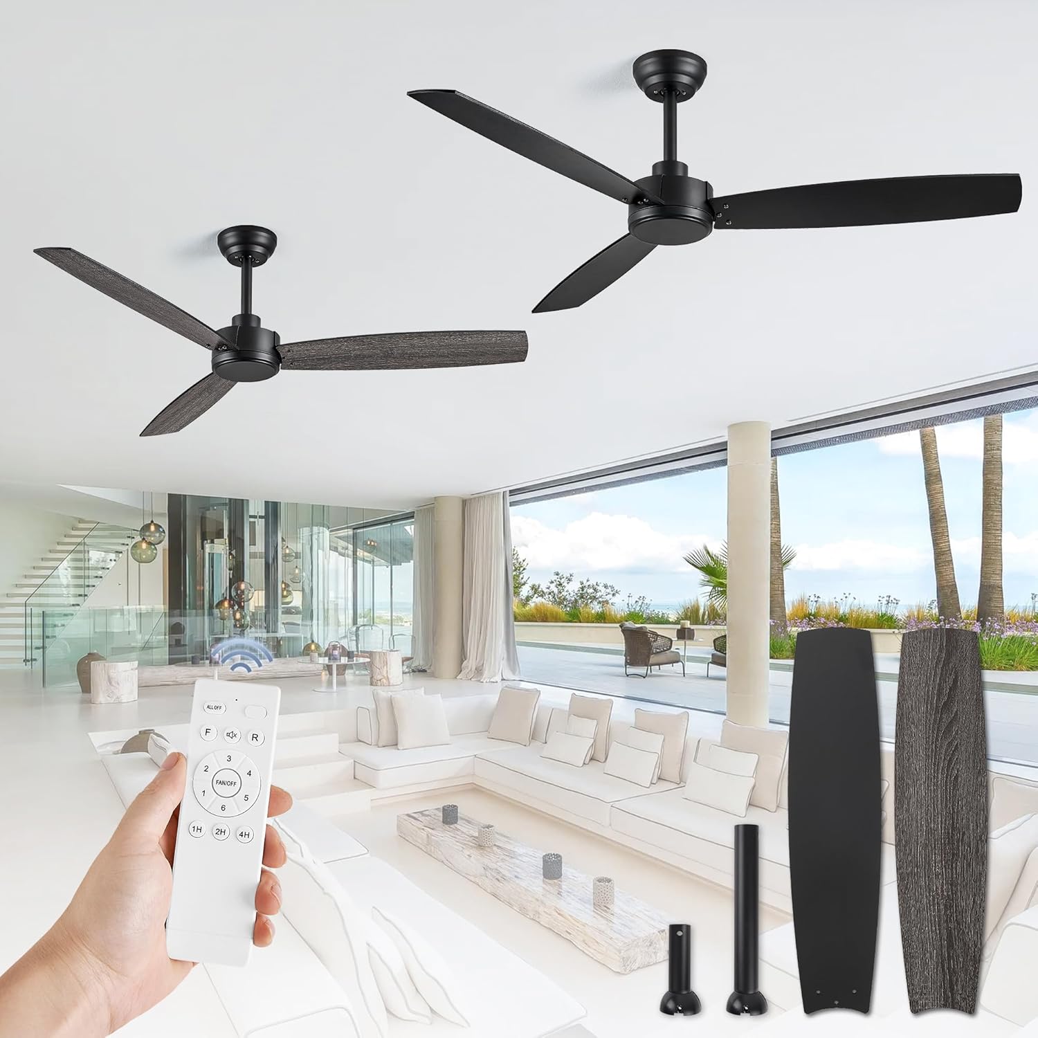 ZMISHIBO Paquete de 2 ventiladores de techo para exteriores de 52 pulgadas con control remoto, ventilador de techo negro, sin luz con motor CC