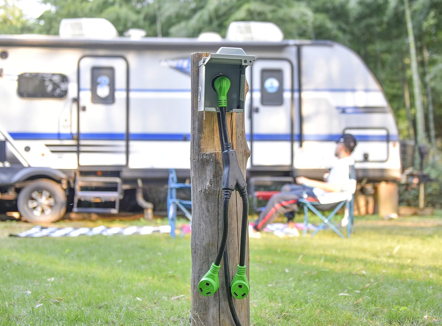 RVGUARD Cable adaptador RV Y con mango 30 Amp TT-30 macho enchufe a dos 30 Amp TT-30 hembra, verde