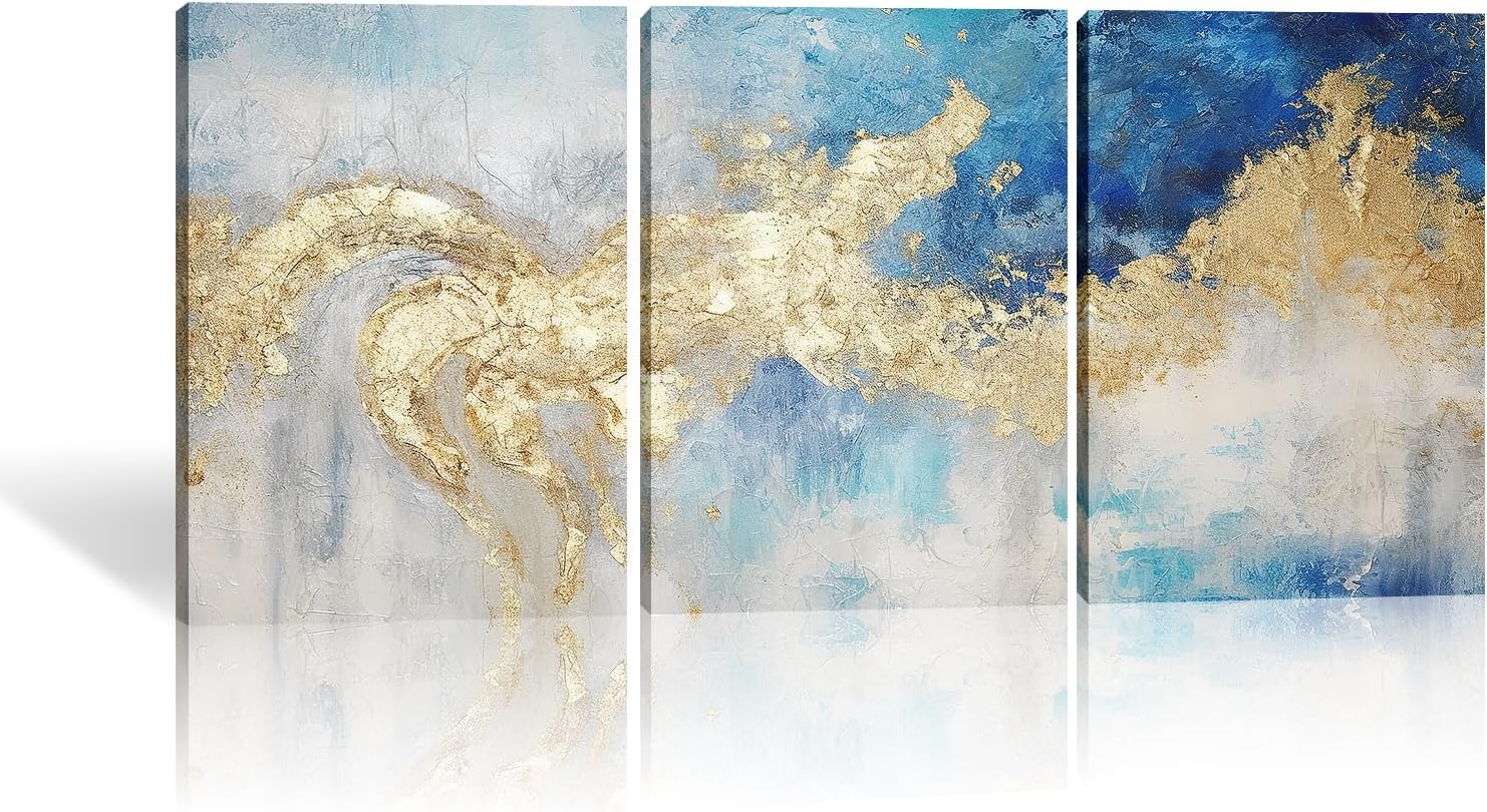 MOSTUNNA Lienzo abstracto de 3 piezas de arte abstracto con textura de mármol azul y dorado, póster de lámina dorada, pintura nórdica moderna de