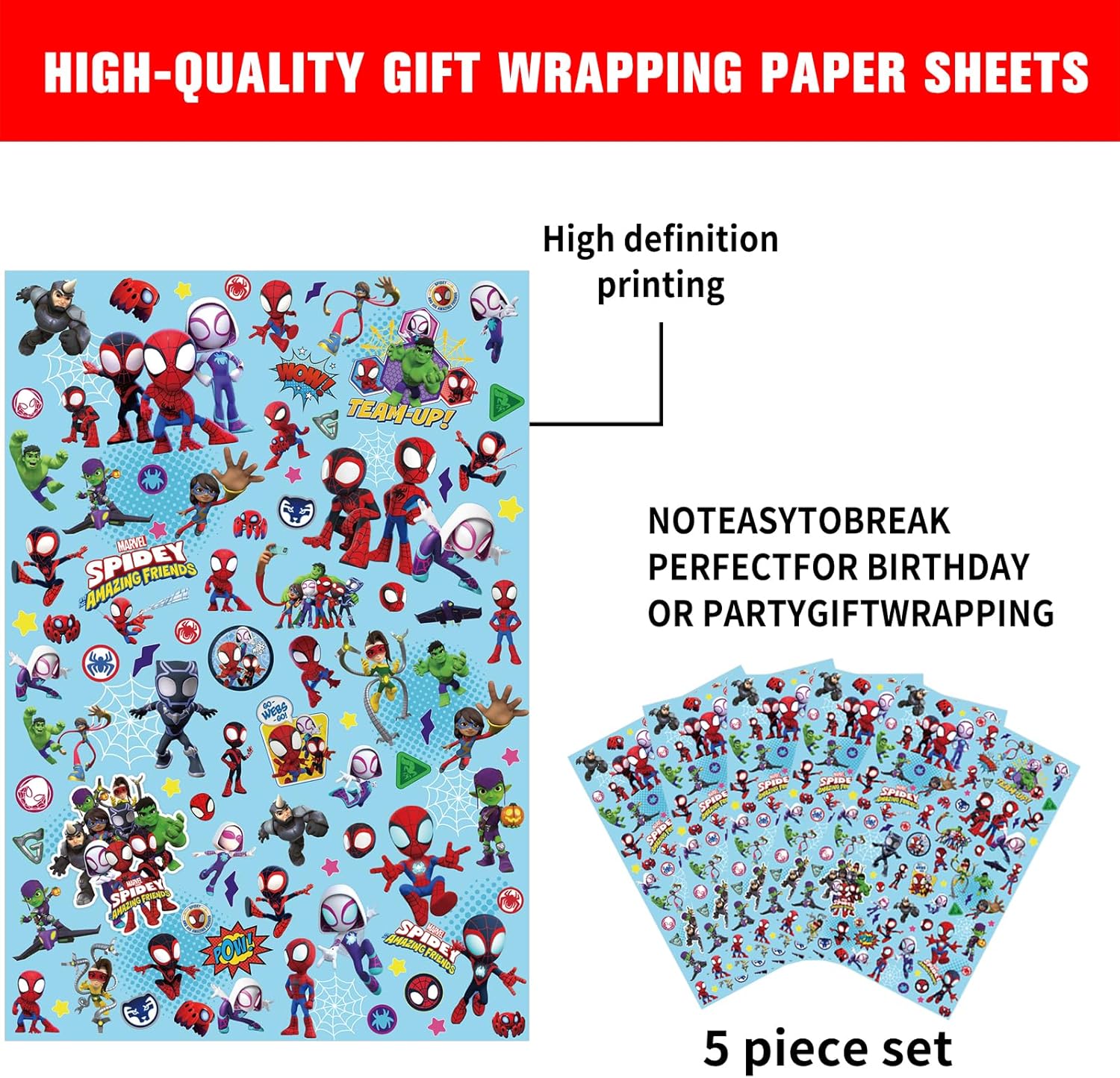 5 piezas de papel de regalo Spidey y sus increíbles amigos, papel de arte a granel plegado plano para baby shower, Spidey y sus increíbles amigos,