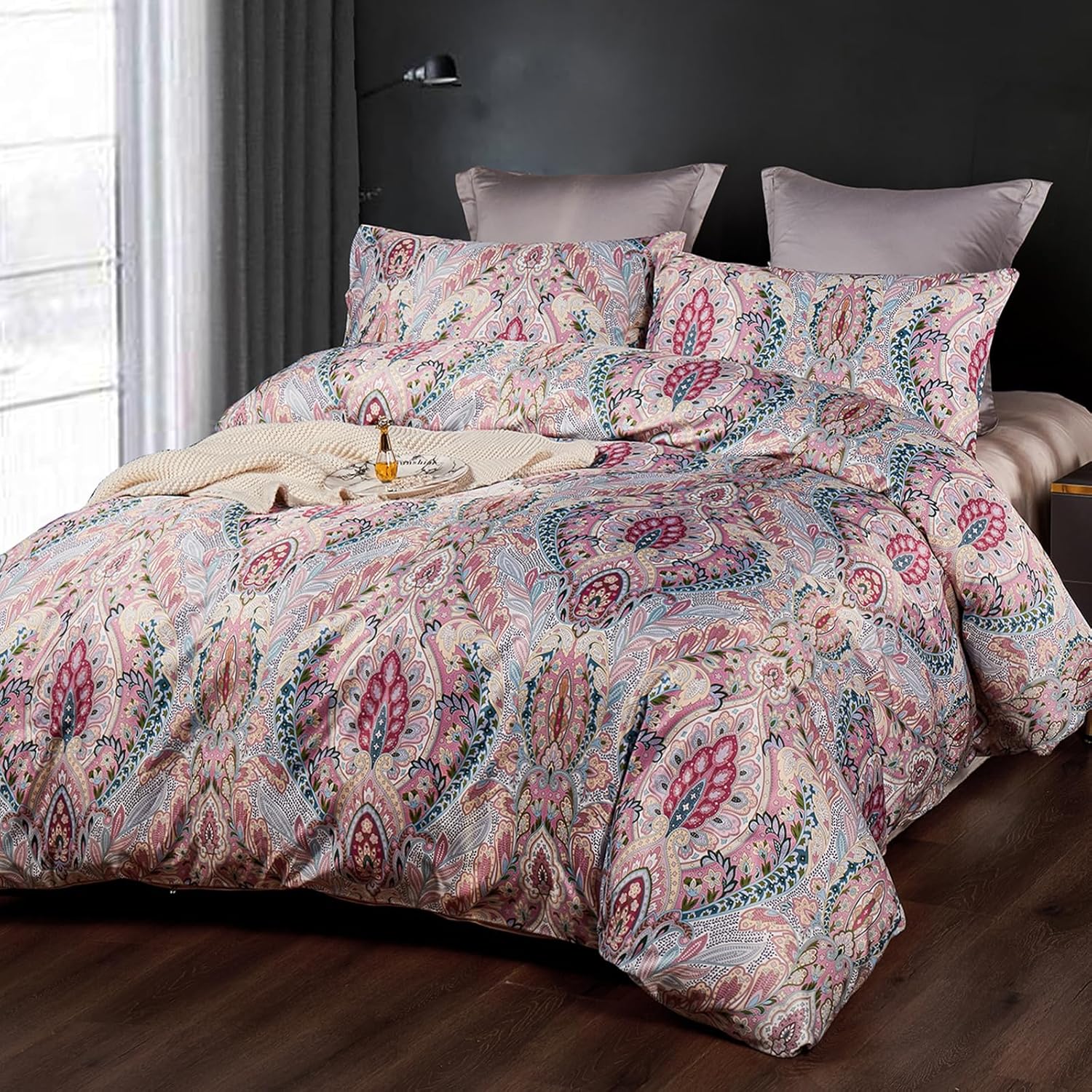 Jemiipee Juego de edredón de cachemira rosa, juego de ropa de cama de 3 piezas, lujoso, suave, bohemio, floral, tamaño King, juego de edredón