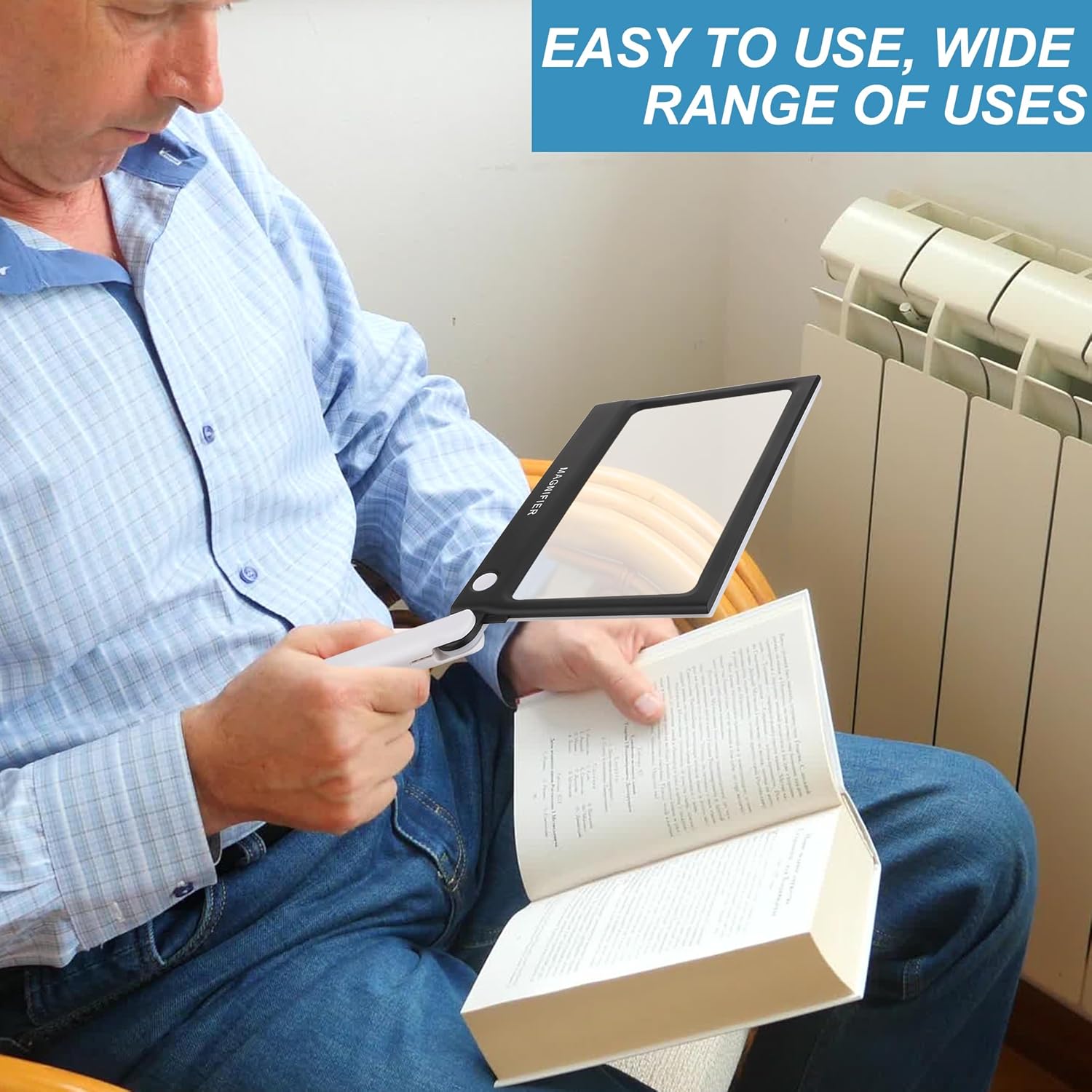 Lupa con luz, plegable de mano 5X grande rectangular iluminado lupa con LED regulable para degeneración macular personas mayores leyendo periódicos,