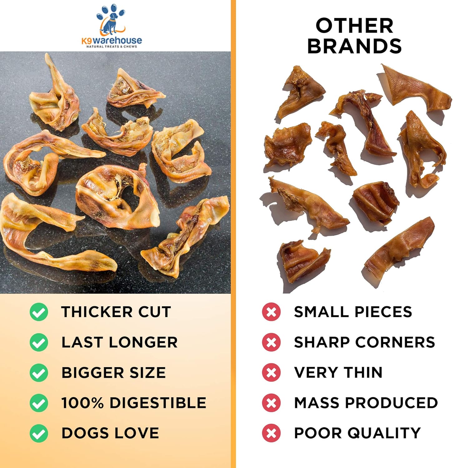 K9warehouse – Tiras de orejas de cerdo para perros – Rebanadas de orejas de cerdo naturales de una libra – Golosinas para perros para cachorros,