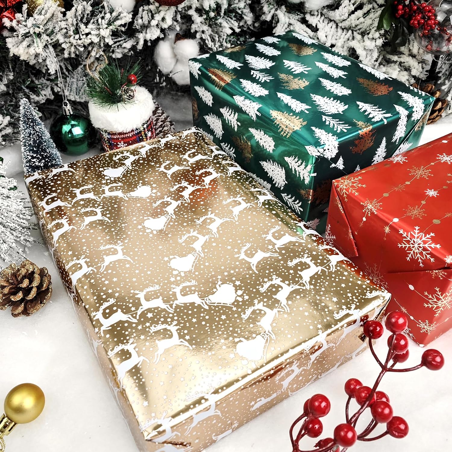 LDGOOAEL Mini rollo de papel de regalo de Navidad pequeño con líneas de corte en el reverso (17 x 120 pulgadas por rollo), papel de regalo rojo