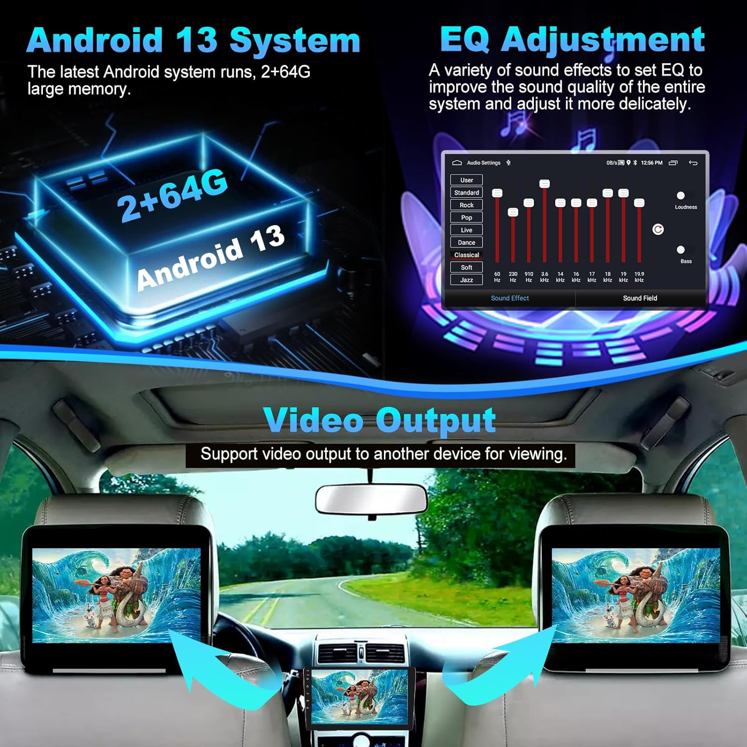 Podofo 2G+64G Doble DIN Android 13 Estéreo de coche inalámbrico Carplay Android Auto 9 “IPS Pantalla táctil Radio de audio para coche con control de