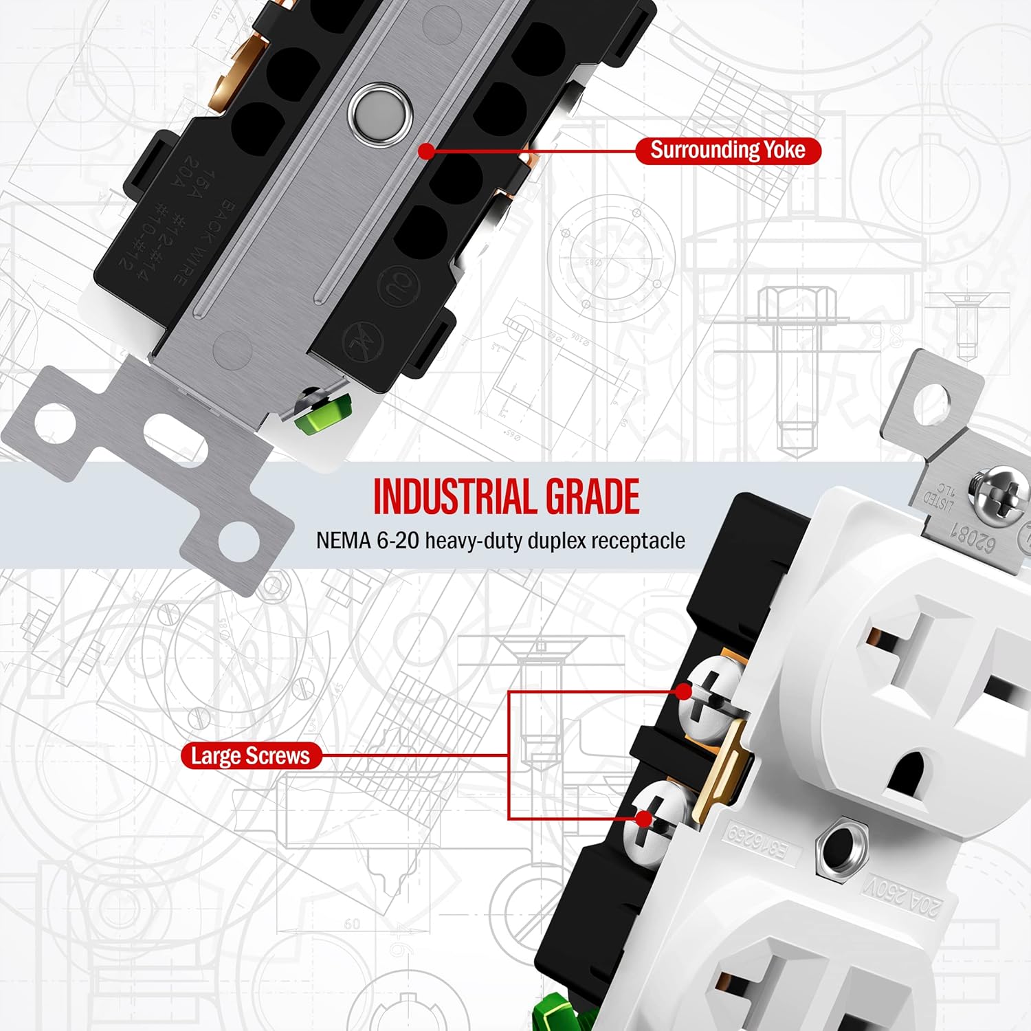 ENERLITES Receptáculo dúplex, toma de pared eléctrica de 20 amperios, grado industrial, 2 polos, 3 cables, 20 A 250 V, certificación UL, 62081-W,