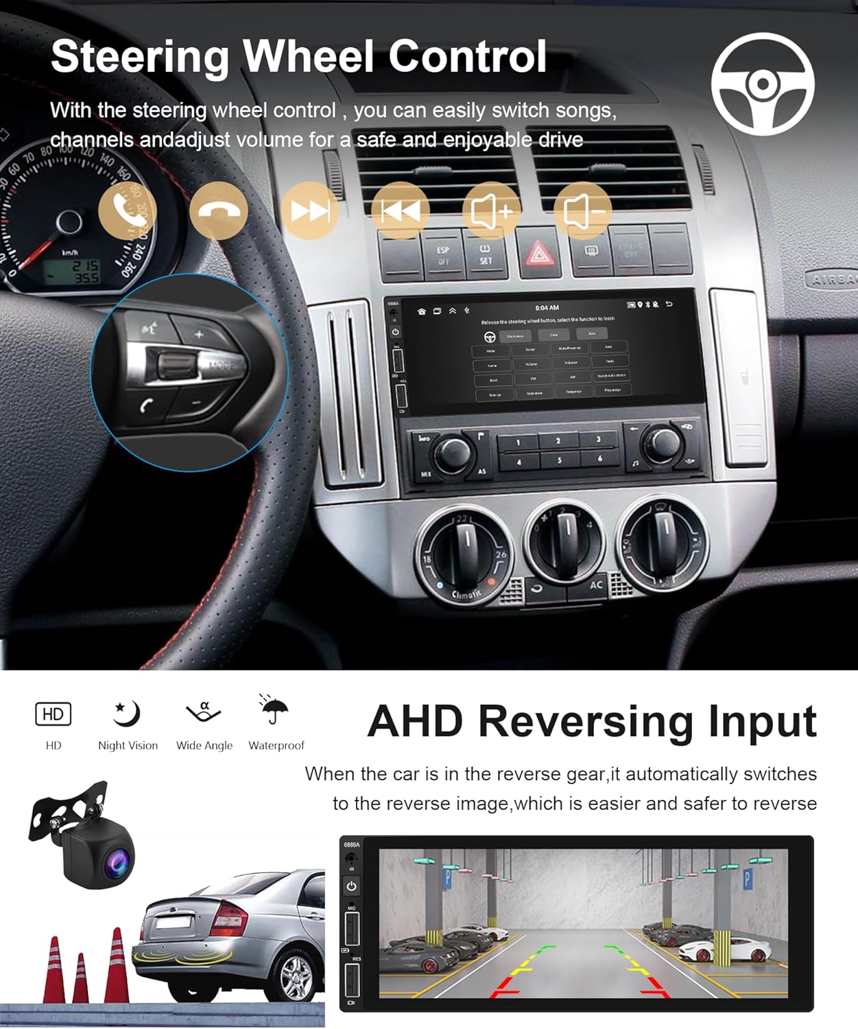 2G+32G Android Single DIN inalámbrico Apple Carplay Car Stereo Android Auto podofo 6.86 pulgadas Pantalla táctil HD Bluetooth Radio de coche en Dash