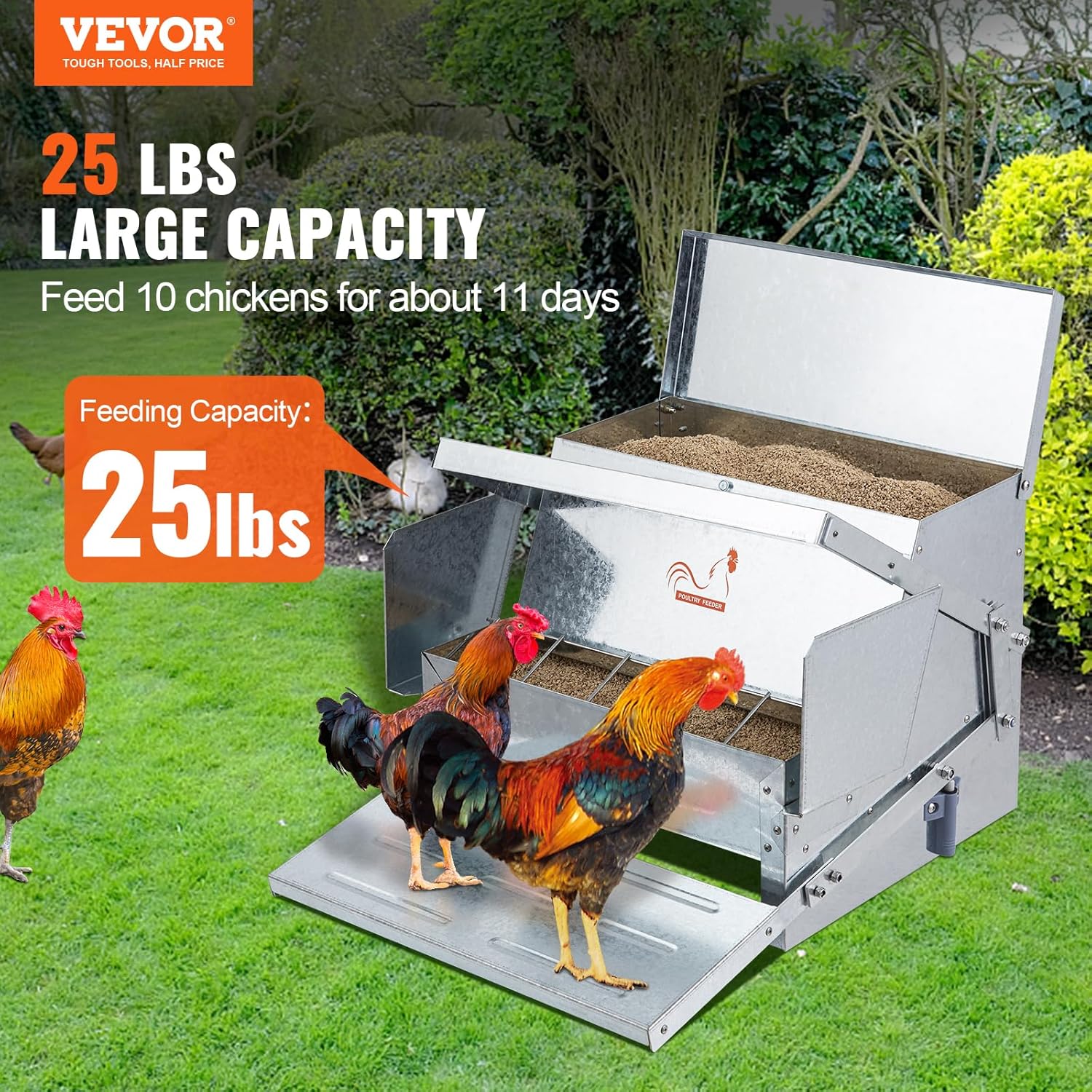 VEVOR CF-25 – Alimentador automático para aves de corral de acero galvanizado con tapa impermeable, prevención de aves, para pollos, faisanes,