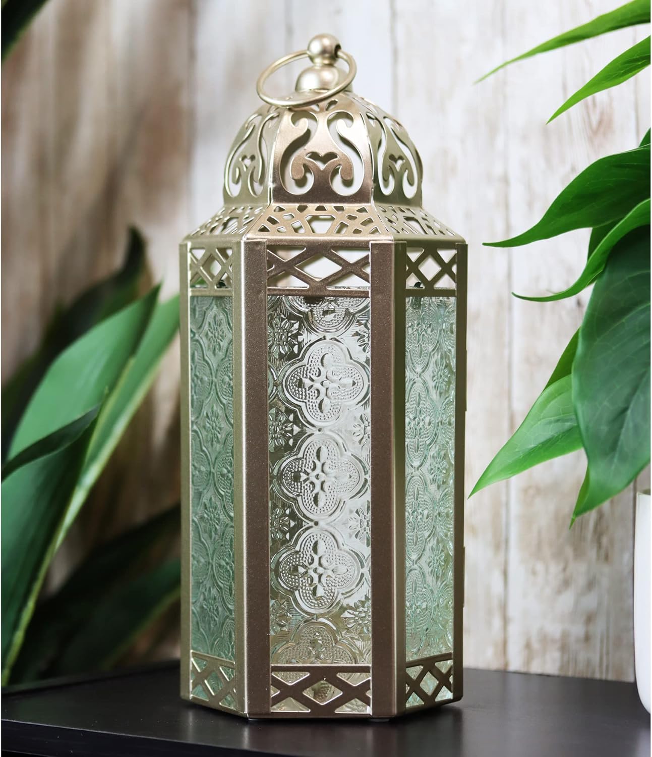 Vela Lanterns – Farol portavelas decorativo, estilo marroquí, color blanco y dorado, cristal transparente, tamaño mediano