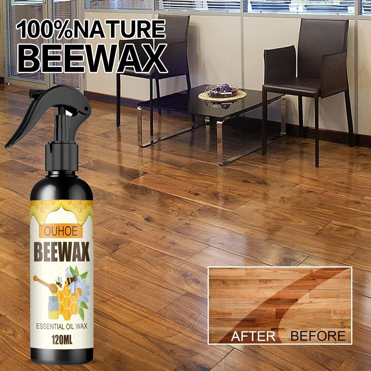 Pulidor de cera de abejas para muebles, 4.1 fl oz en aerosol natural micromolecularizada de cera de abeja, el espray original de cera de abejas para