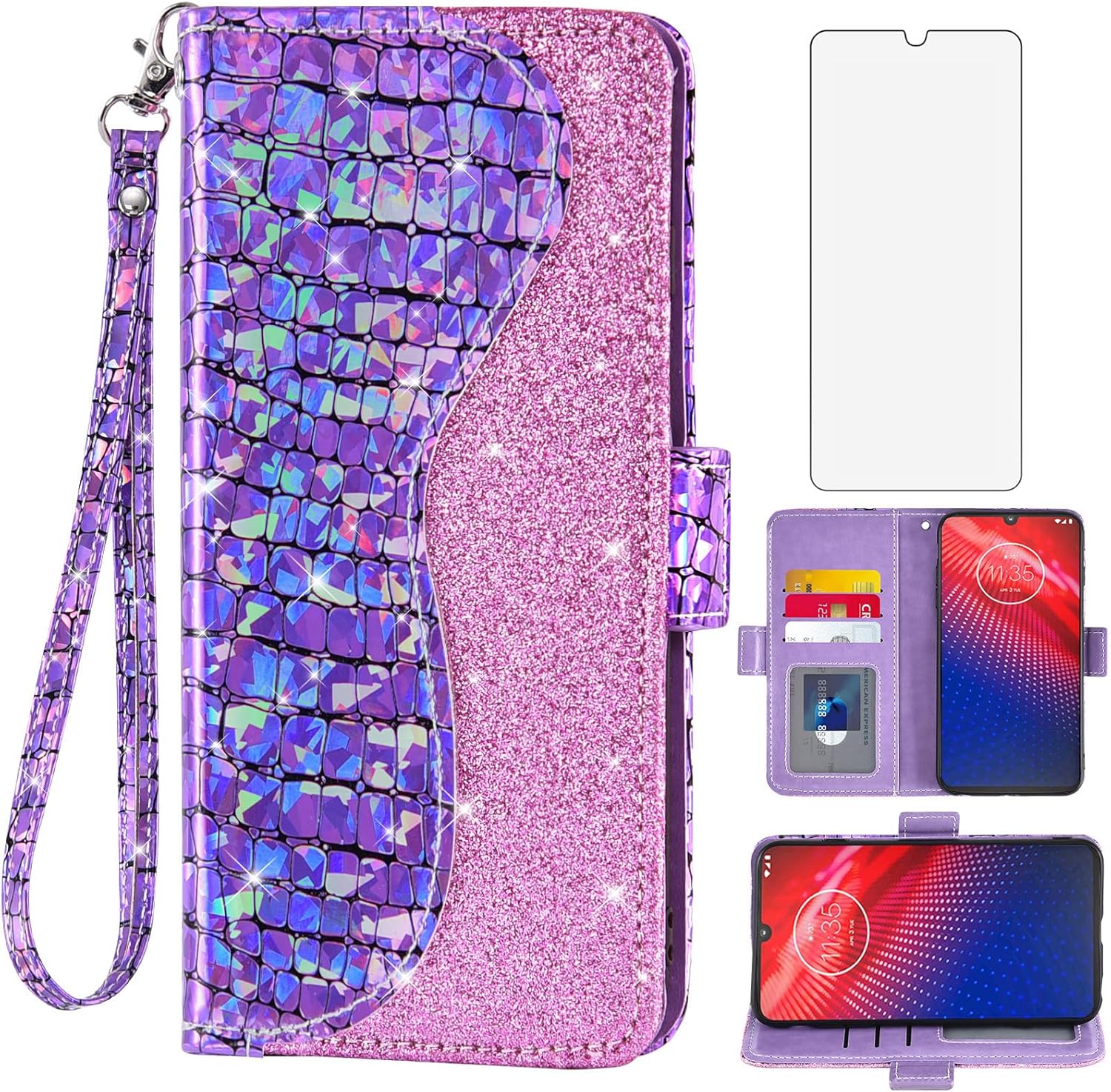 Asuwish Funda de teléfono para Moto Z4Moto Z 4 PlayMotoZ4 Force Funda tipo cartera con protector de pantalla y tarjetero abatible con purpurina para