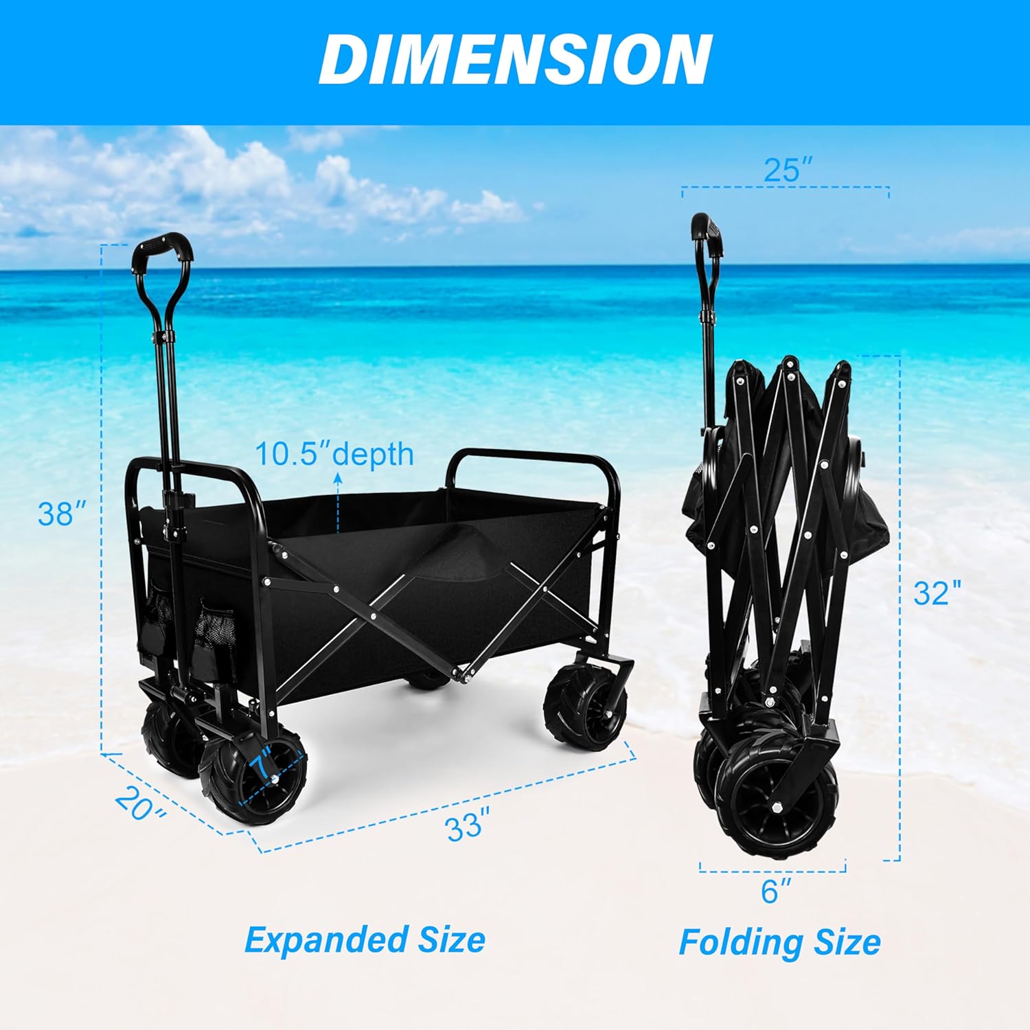 YSSOA Carro plegable plegable, vagón de playa para arena con ruedas grandes, carro de utilidad plegable resistente, carrito de jardín portátil con