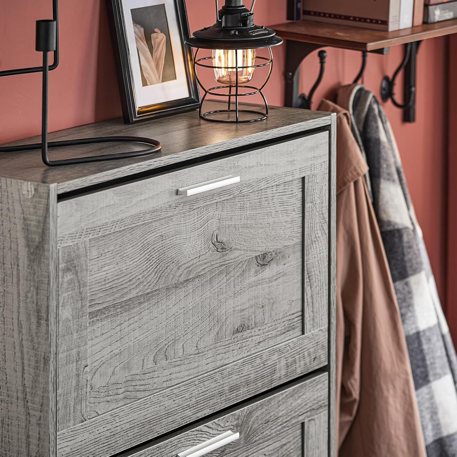 Haotian FSR137-L-HG, armario de zapatos gris con 3 cajones, zapatero de almacenamiento de zapatos