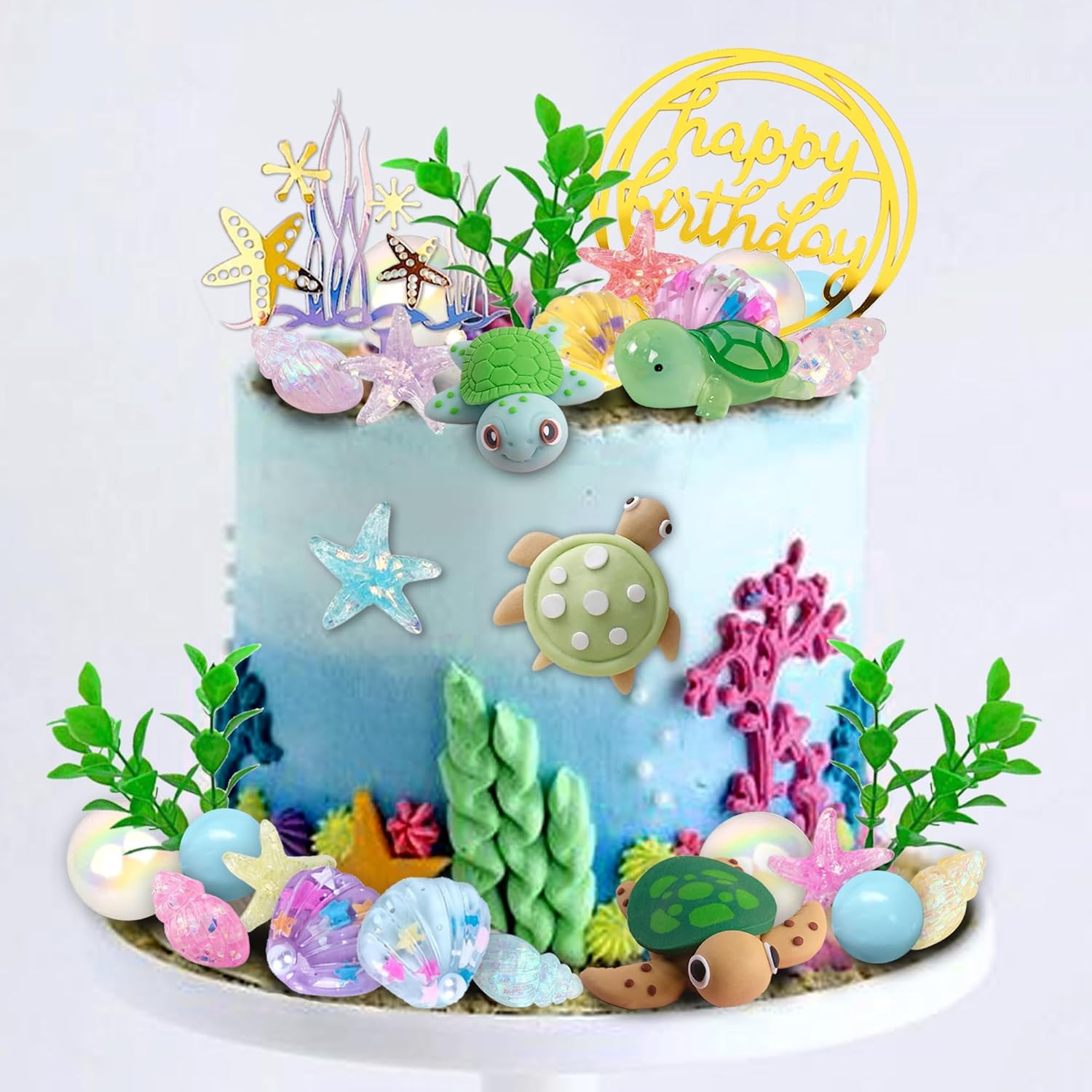 34 piezas de decoración de pastel de tortuga bajo el mar con tortuga oceánica conchas y conchas marinas para fiesta de cumpleaños temática del mar,