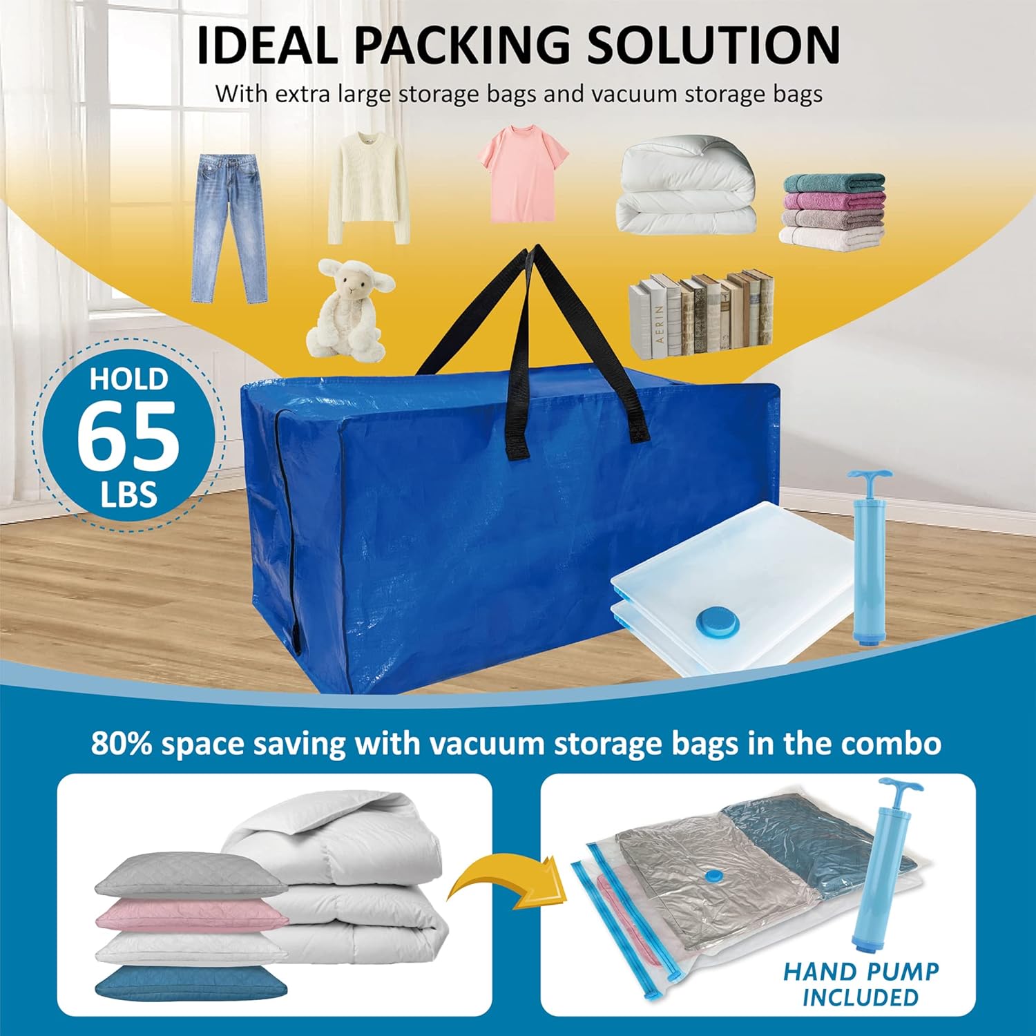 Paquete de 4 bolsas de mudanza extra grandes resistentes con correas de mochila y suministro de almacenamiento al vacío, asas y cremalleras para
