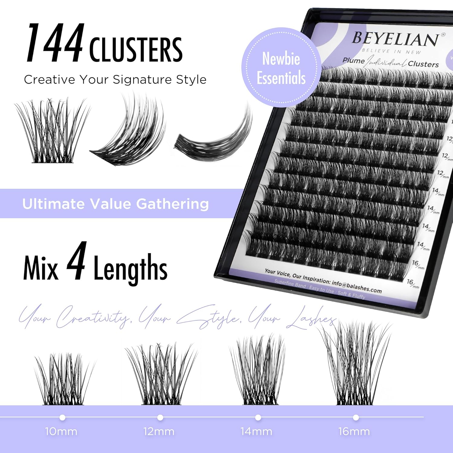 BEYELIAN Pestañas en racimo, rizo C, 144 unidades, individuales, mega racimos, extensiones de pestañas postizas de aspecto natural, reutilizables,