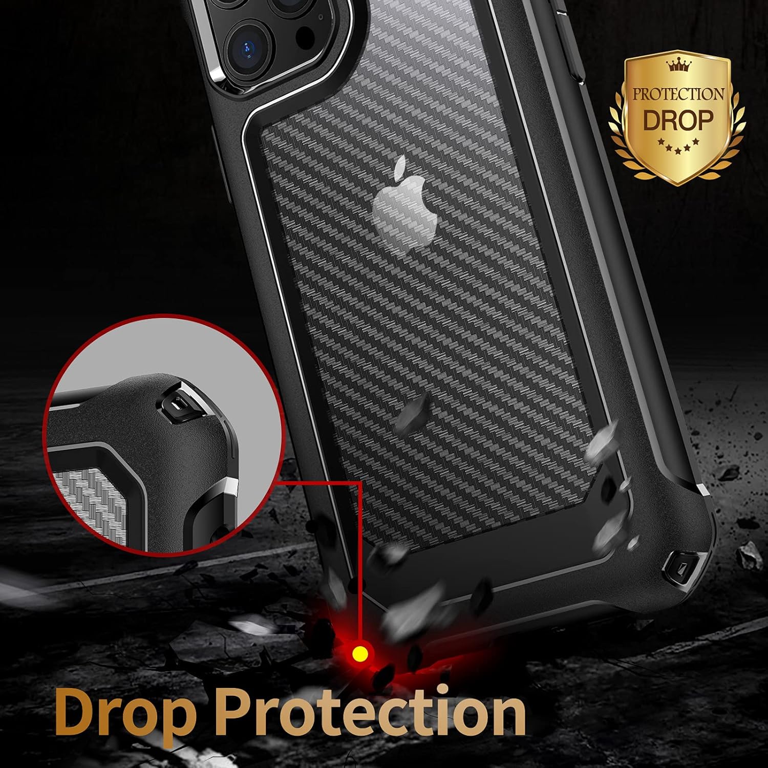 Tuerdan Funda para iPhone 14 Pro Max, a prueba de golpes de grado militar, parte trasera de fibra de carbono duro, marco de parachoques de TPU