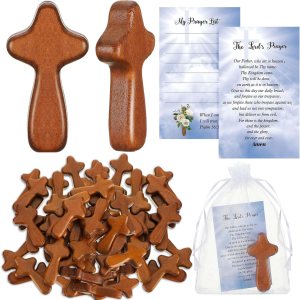 Kigley Juego de 60 mini cruces de madera a granel, 60 cruces de mano de bolsillo pequeño, 60 tarjetas de oración, 60 bolsas para Navidad, iglesia Kigley Juego de 60 mini cruces de madera a granel, 60 cruces de mano de bolsillo pequeño, 60 tarjetas de oración, 60 bolsas para Navidad, iglesia