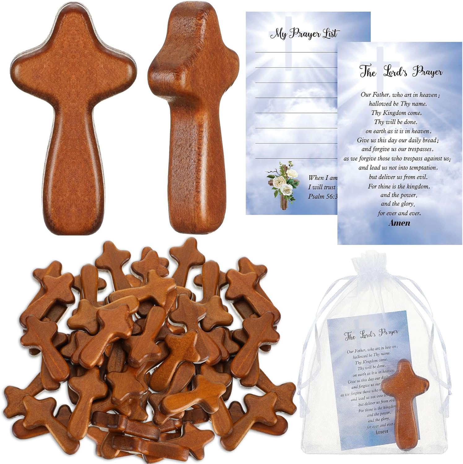 Kigley Juego de 60 mini cruces de madera a granel, 60 cruces de mano de bolsillo pequeño, 60 tarjetas de oración, 60 bolsas para Navidad, iglesia