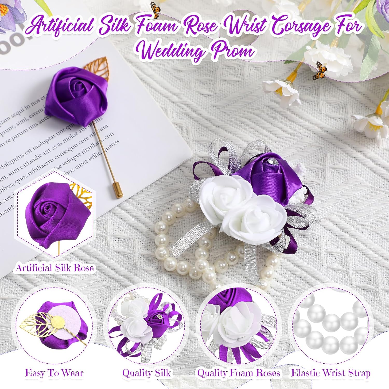 Tigeen Juego de ramilletes y boutonniere, ramilletes de muñeca para baile de graduación, rosa de seda para hombres, flores de mano para boda,