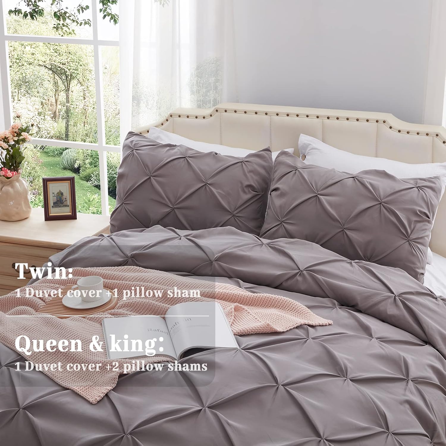 SunStyle Home Funda de edredón plisada gris de 3 piezas, fundas de edredón tamaño Queen, funda de edredón de lujo de microfibra suave con cierre de