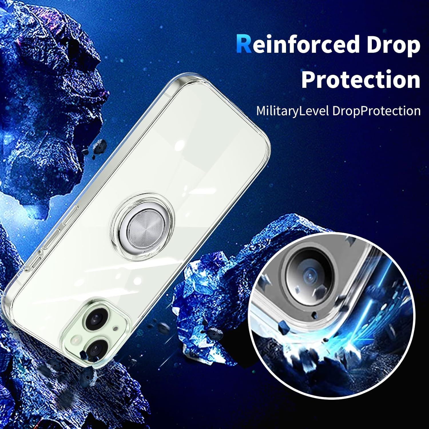 Funda transparente para iPhone 15 Plus con soporte de anillo de 360 con soporte de anillo de 360, transparente, delgada, ligera, antiamarillamiento,