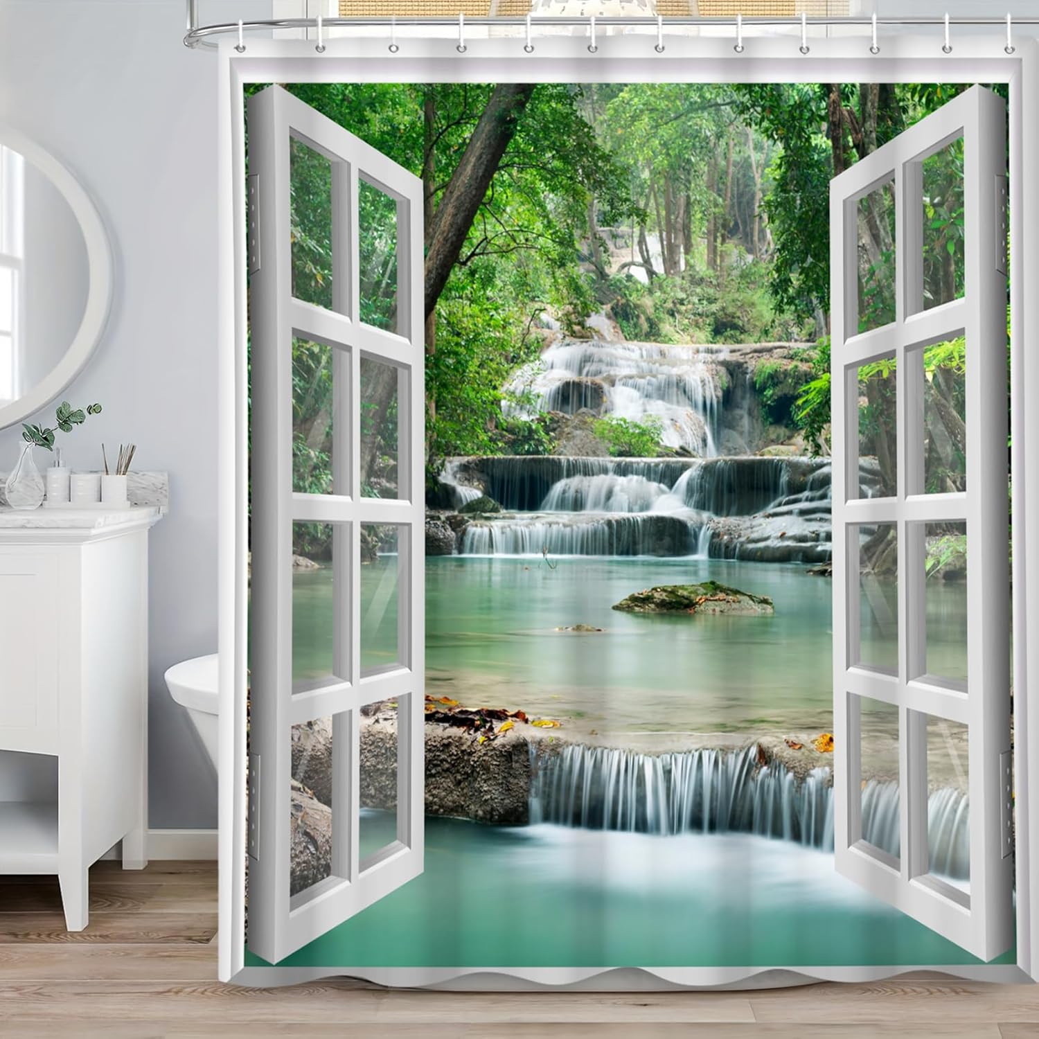 Renaiss Cortina de ducha de cascada de bosque de 72 x 72 pulgadas, diseño de bosque verde, agua, lago, selva tropical, selva, blanco, ventana de