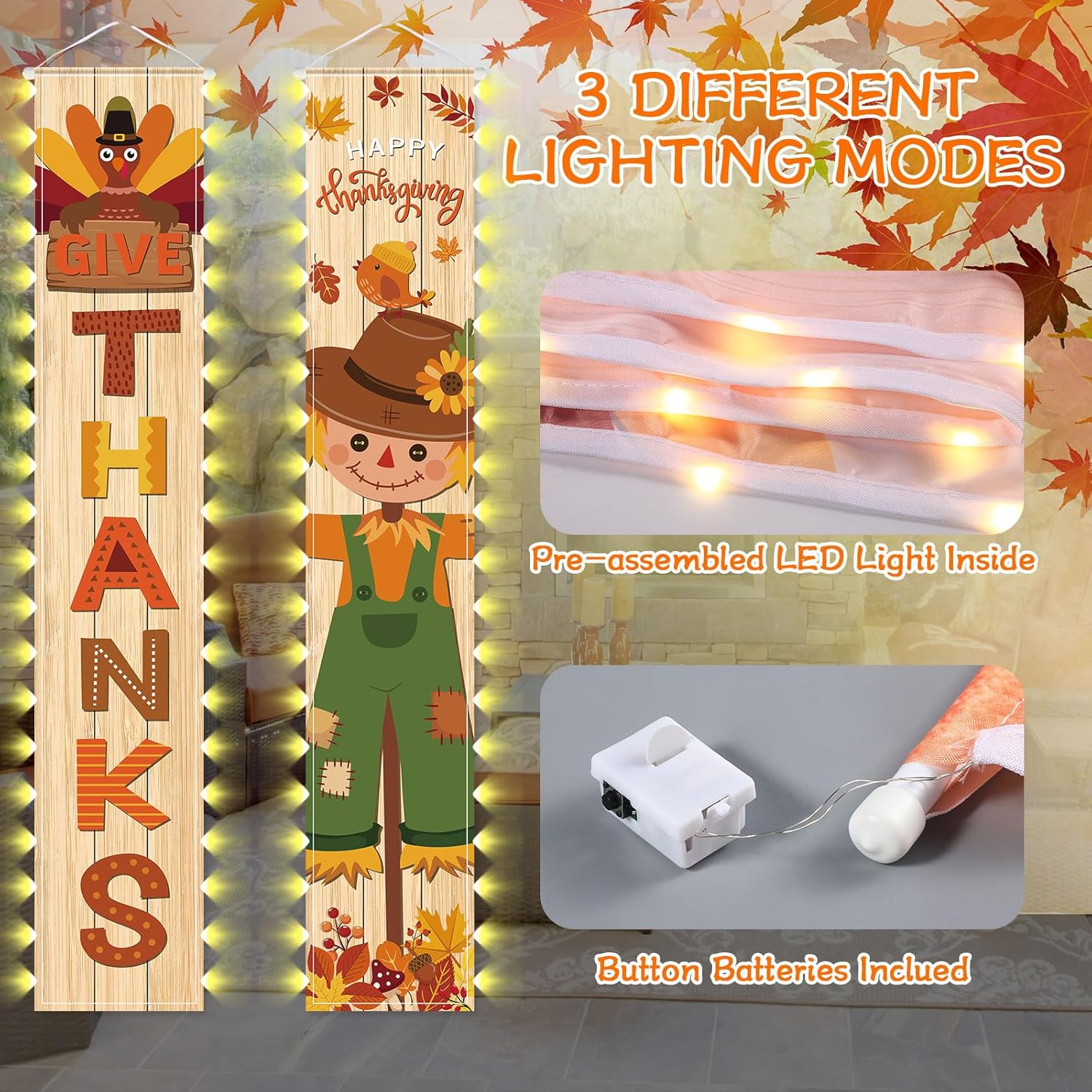 2 pancartas de Acción de Gracias para porche con luces, decoración de puerta de otoño, espantapájaros, pancarta de cadena de luz para el hogar,