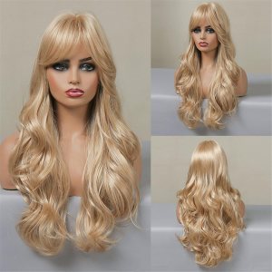 BERON Peluca rubia larga y rizada, peluca rubia dorada con flequillo, peluca larga rubia para mujer, peluca sintética rubia dorada para fiesta BERON Peluca rubia larga y rizada, peluca rubia dorada con flequillo, peluca larga rubia para mujer, peluca sintética rubia dorada para fiesta