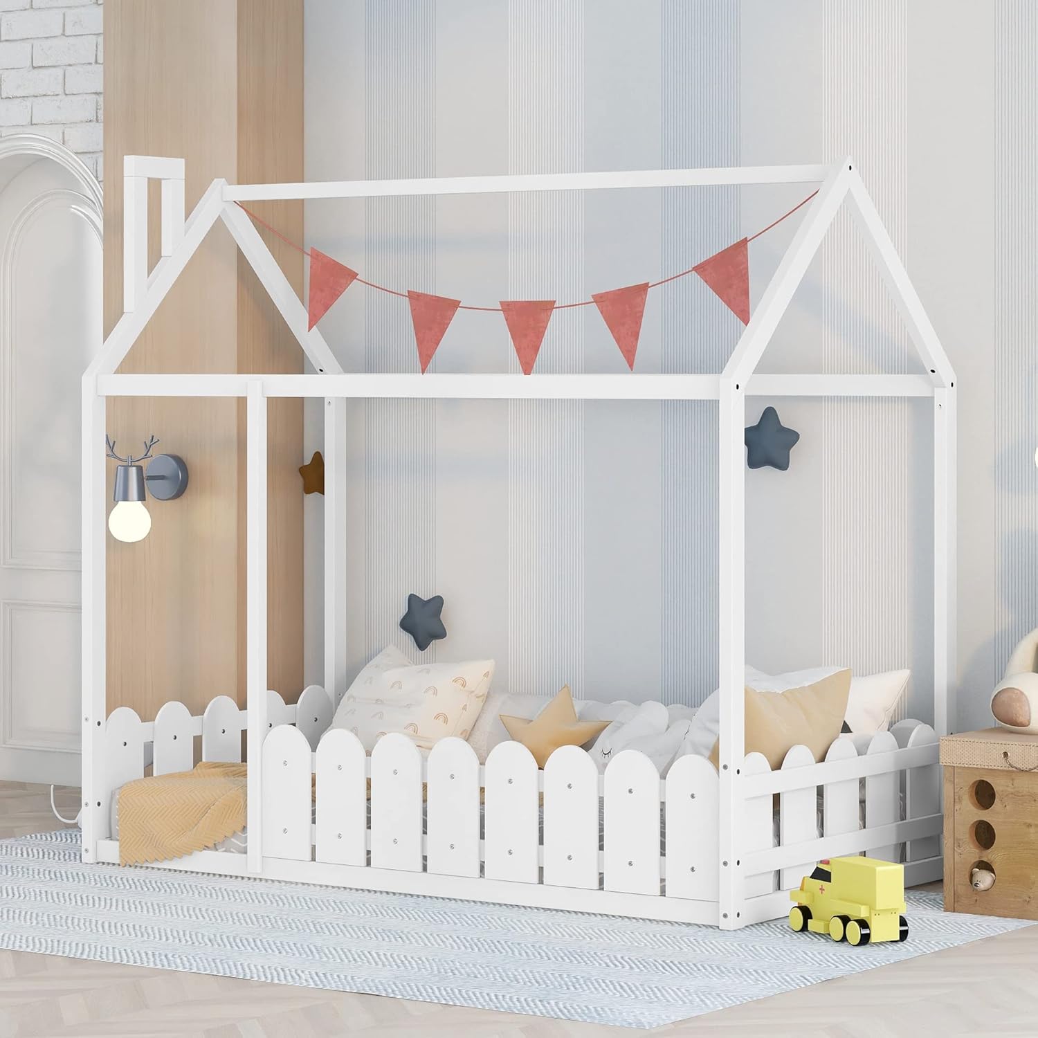 Harper & Bright Designs Marco de cama individual para niños, cama Montessori de madera individual con barandillas en forma de valla, marcos de cama