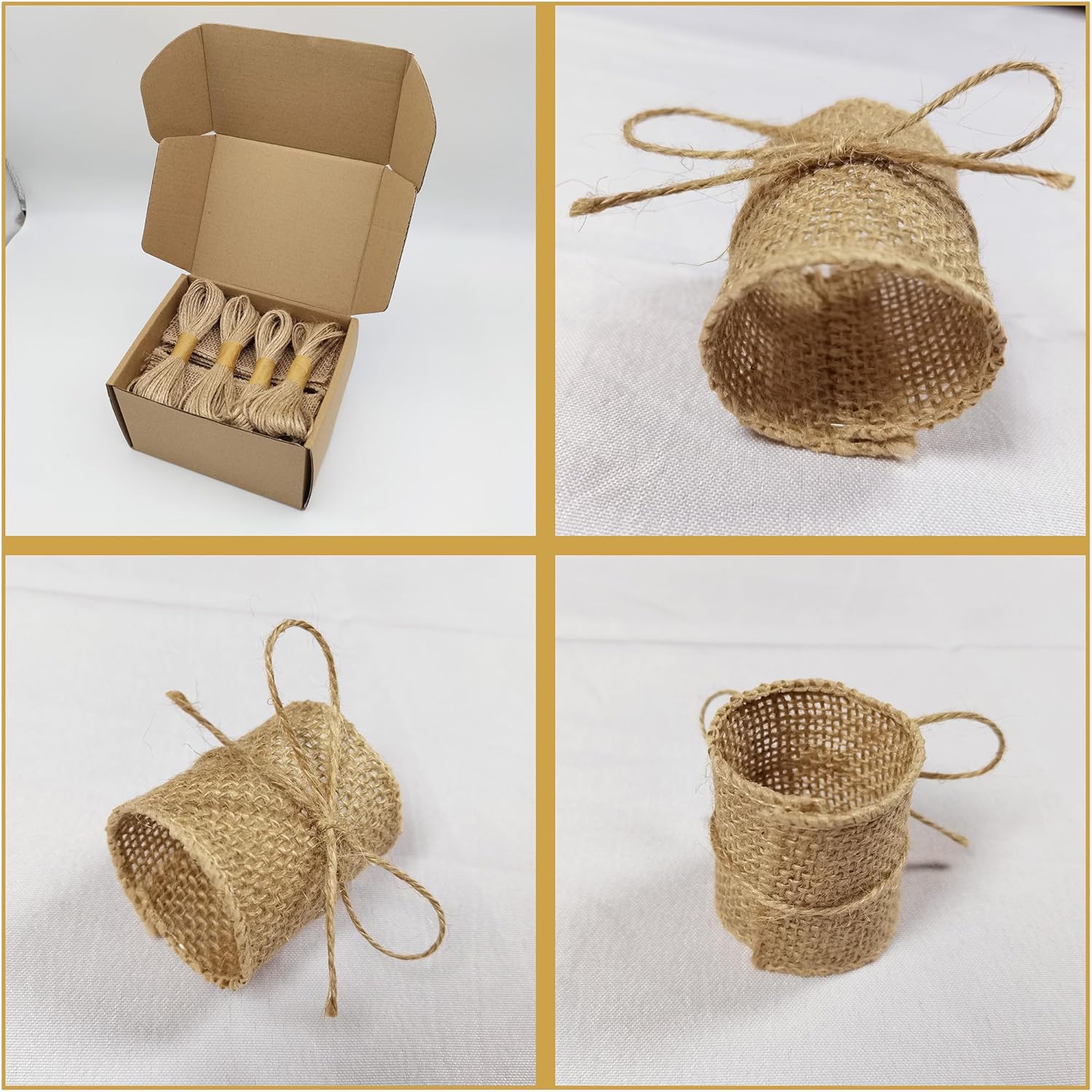 Juego de 100 servilleteros de arpillera natural con cuerda de yute, servilletas desechables a granel, anillo rústico para mesas, decoraciones,