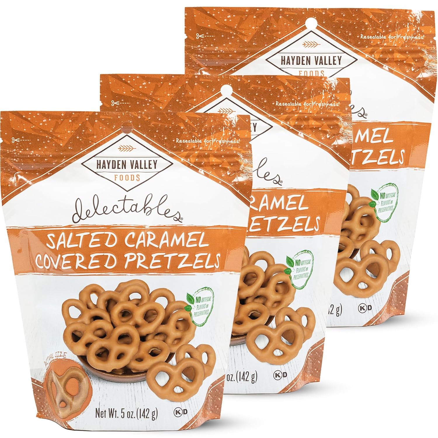 Hayden Valley Foods Pretzels cubiertos de caramelo salado, bolsas de 5 onzas (paquete de 3), sin sabores, conservantes ni colores artificiales,