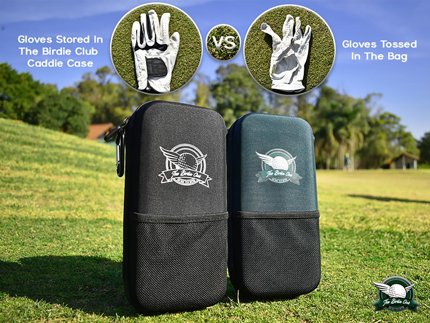 The Birdie Club Estuche para guantes de golf  Funda de golf con agujero para cable de carga para teléfono, soporte para guantes extraíble y tres