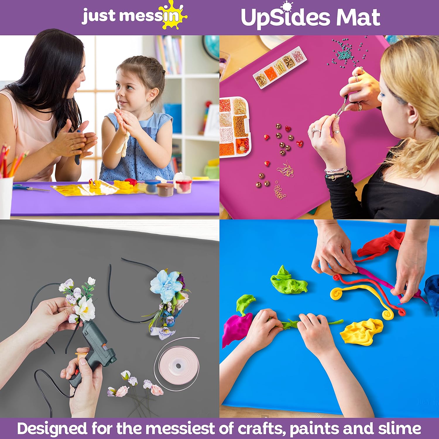 Just Messin’ Tapete de silicona para manualidades, resina, pintura, limo y joyería, protector de mesa multiusos con lados elevados para contener el
