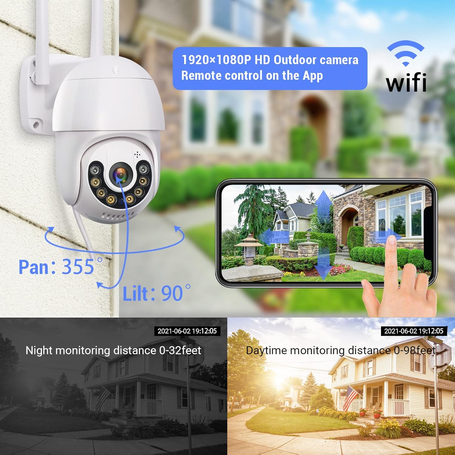 Cámaras de seguridad al aire libre, 1080P HD 360 View Pan Tilt Cámaras WiFi para seguridad del hogar, audio bidireccional, detección de movimiento,