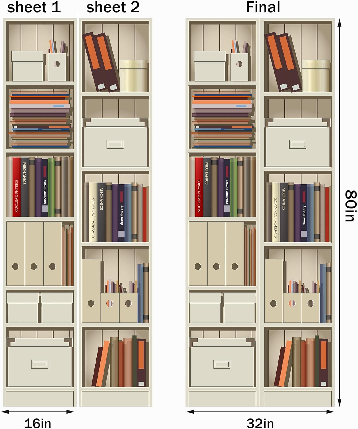 FLFK Adhesivo mural para puerta, estantería blanca, despegar y pegar, tamaño combinado 32 x 80 pulgadas, dividido en 2 piezas