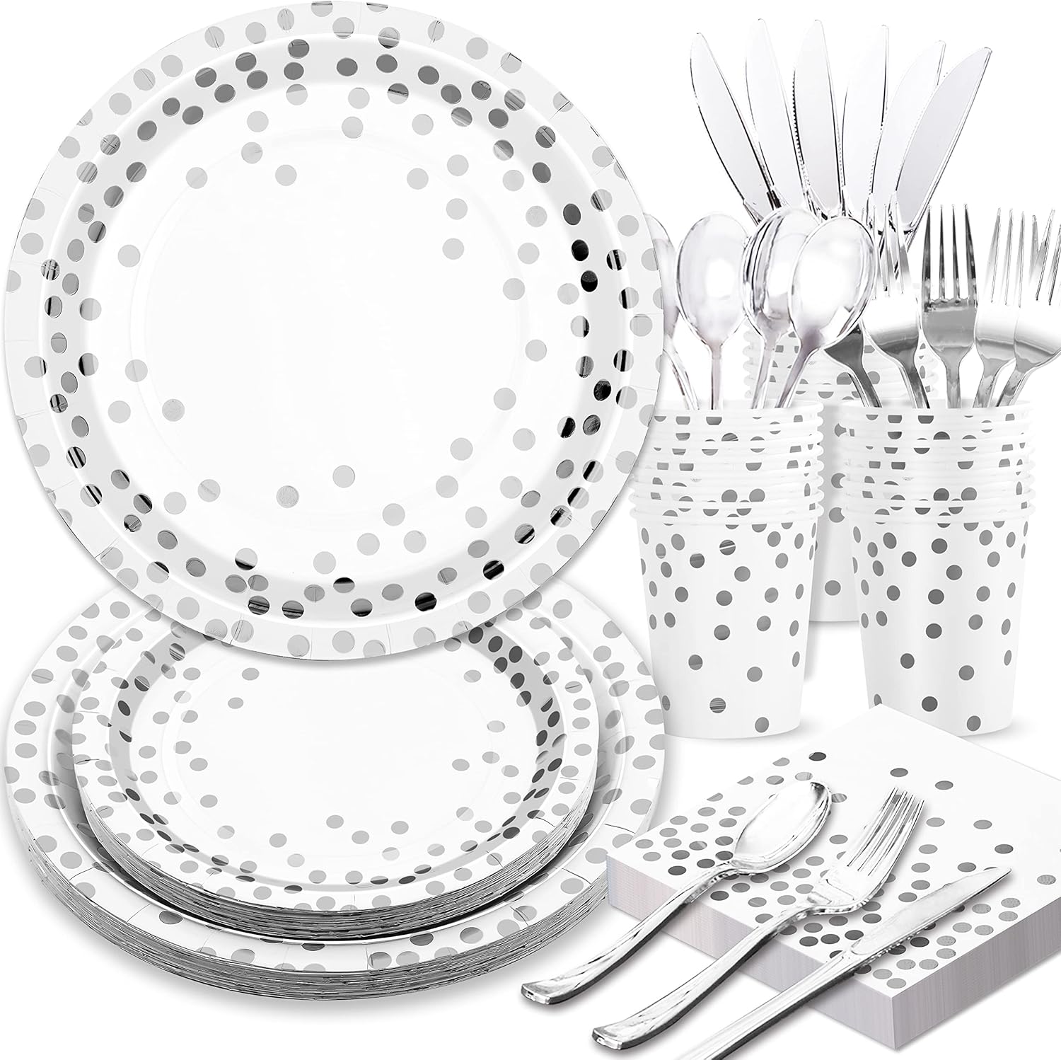 Platos y servilletas de papel plateado, platos de plata desechables, platos de fiesta plateados para 24, 168 piezas de decoraciones de fiesta