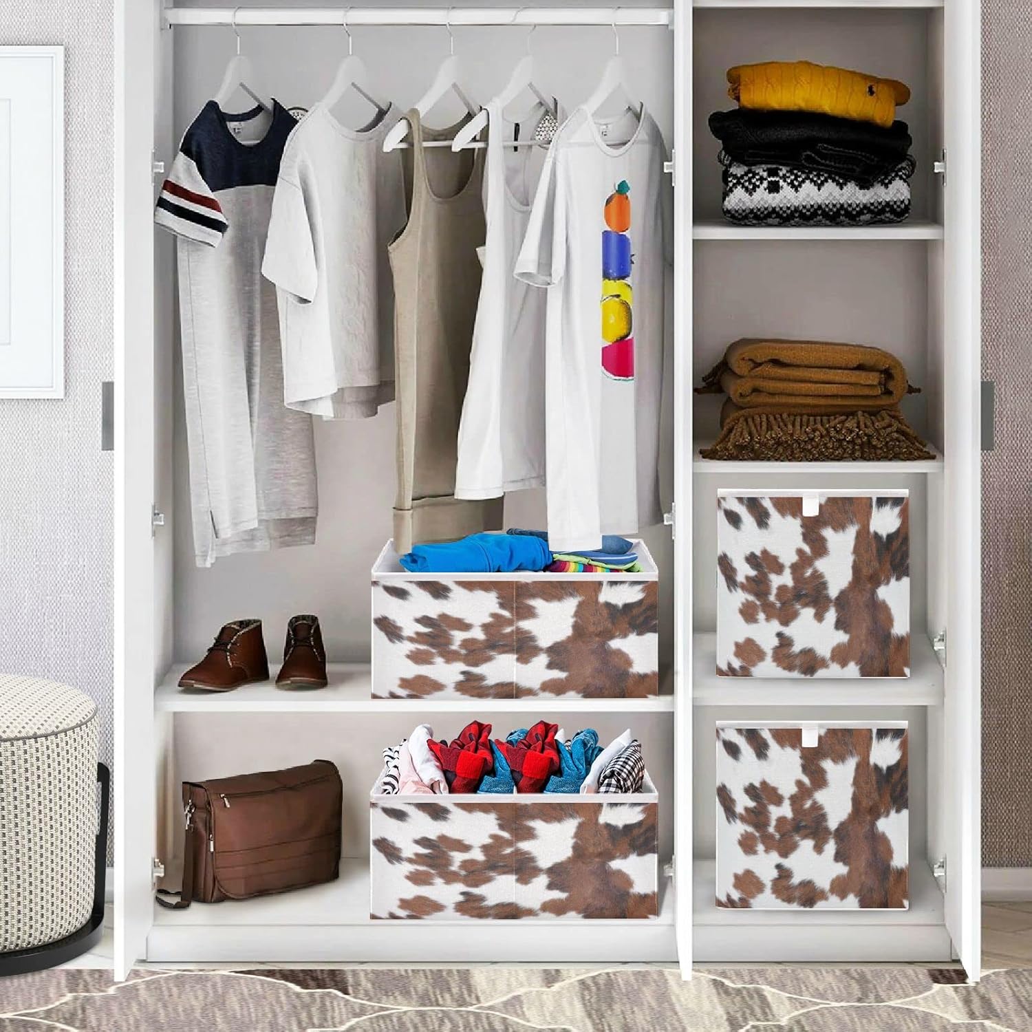 Kigai Cubo de almacenamiento plegable con estampado de vaca blanca y marrón, caja de almacenamiento de juguetes para organizar el hogar, estantes,