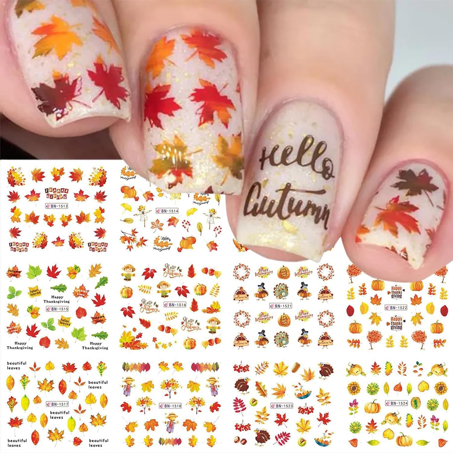 Calcomanías de arte de uñas de otoño, calcomanías de uñas de Acción de Gracias, hoja de arce, pavo, transferencia de agua, calcomanías de uñas de