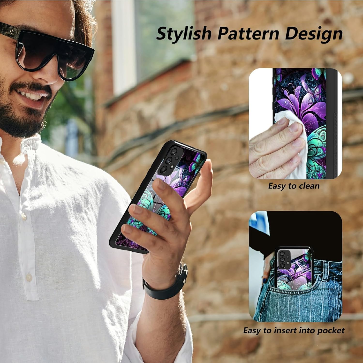 Funda para Samsung Galaxy A32 5G Galaxy A32 5G, vidrio templado, funda negra con diseño de mariposas diseñada para mujeres y hombres, funda de