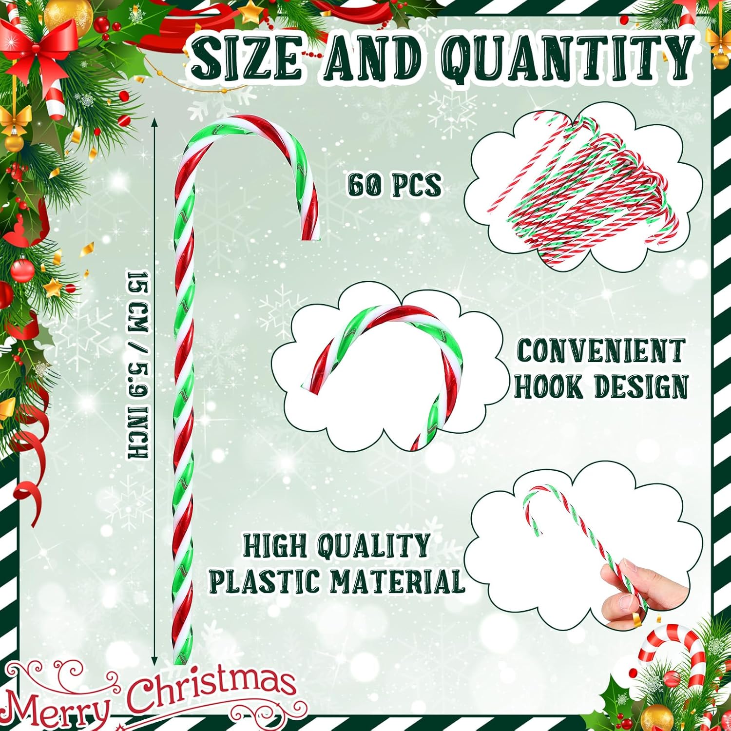 120 piezas de bastones de caramelo de Navidad de plástico, adornos de menta para árbol de Navidad, paletas, decoración artesanal para Navidad,