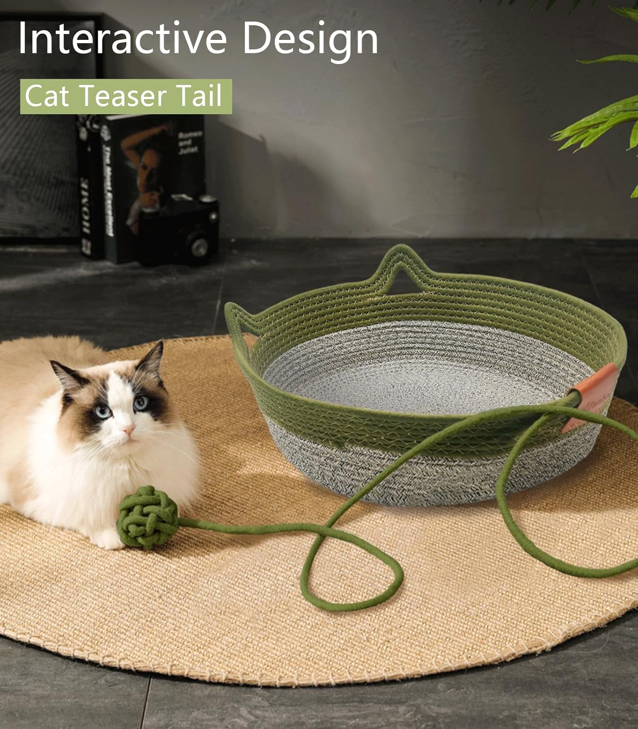 Panbo Cama tejida a mano para gatos con cola de juguete, casa en forma de gatito, almohadilla de algodón natural y lino para gatos, transpirable e
